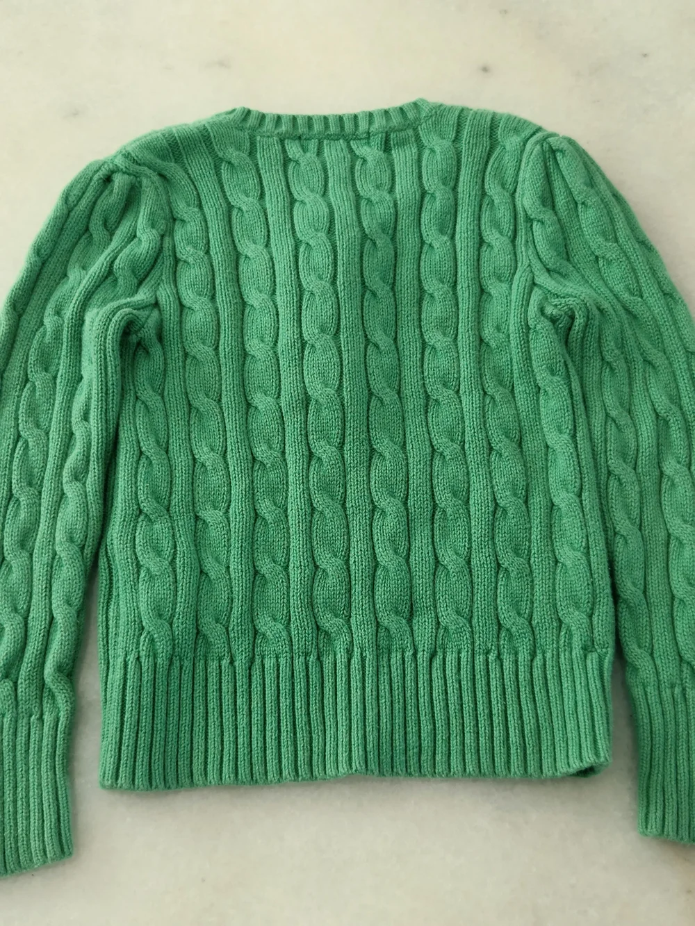Ralph Lauren Emerald Green Cable-Knit Ruffle Henley Sweater With Pink Pony